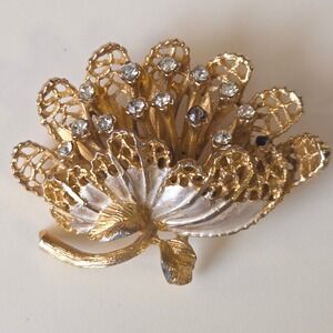 Vintage BSK Signed Gold Tone Rhinestone Flower Fan Statement Floral Brooch AS IS